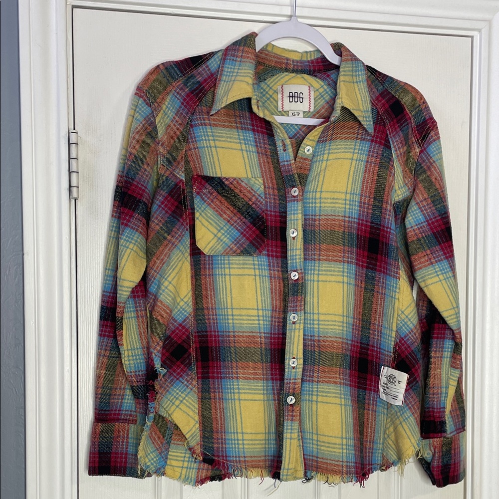 BDG Yellow Red Plaid Button-Down Shirt 100% Cotton EUC Size XS Oversized